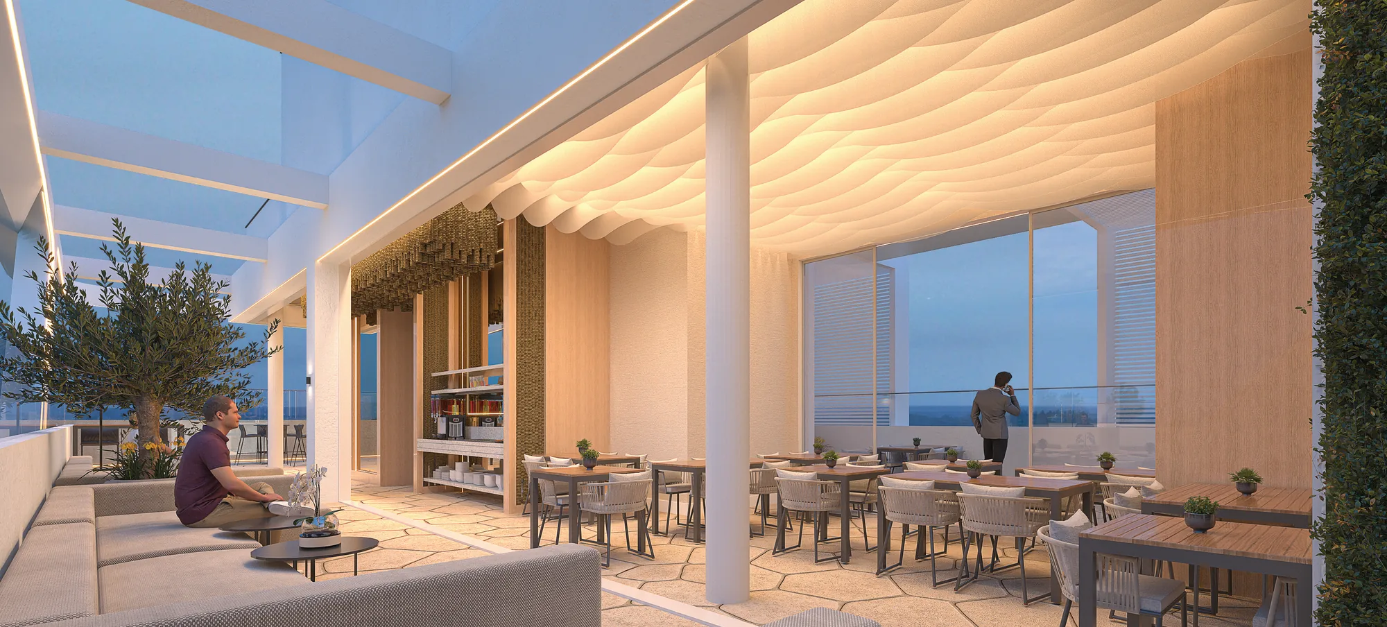 Terraço lounge do rooftop do ZAYA com pergolado ondulado