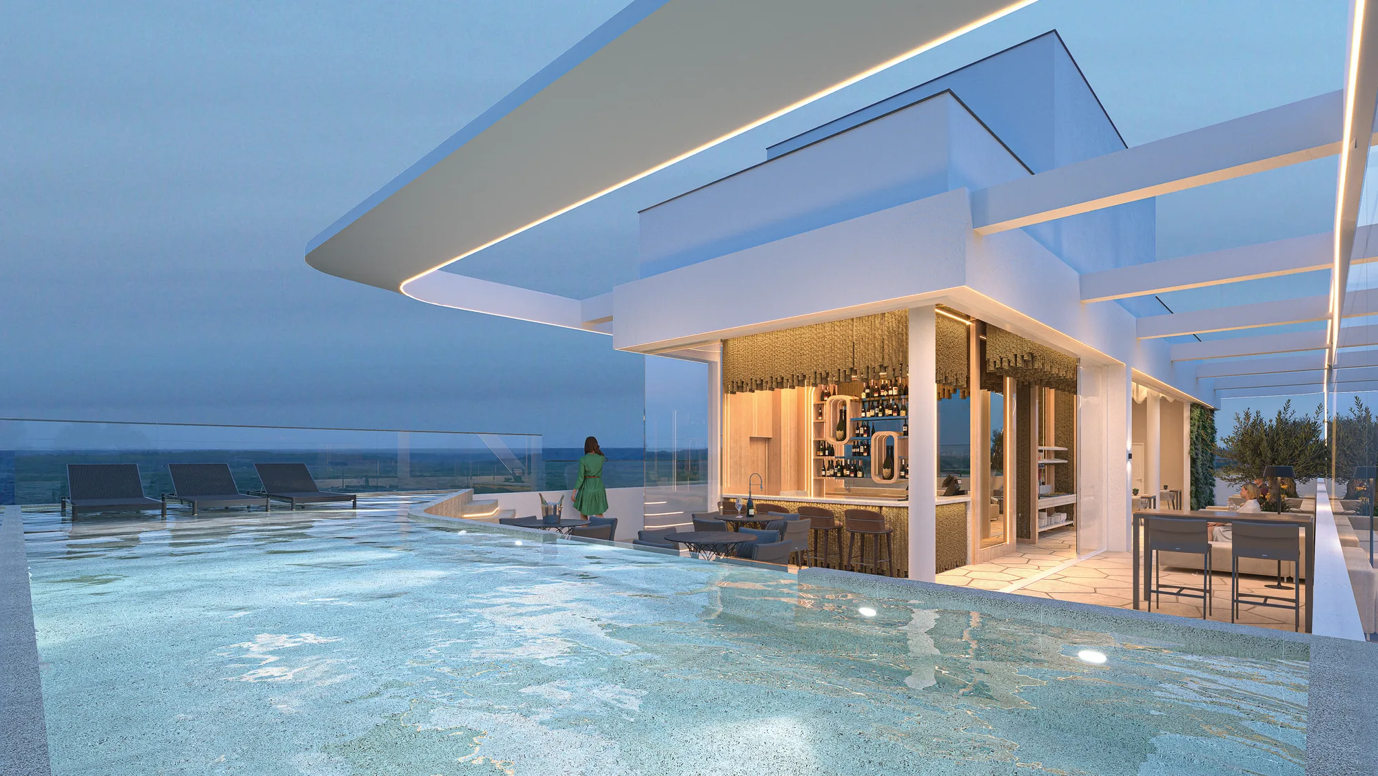 Rooftop com piscina aquecida em empreendimento de hotelaria de alto padrão em Atlântida, no litoral norte gaúcho