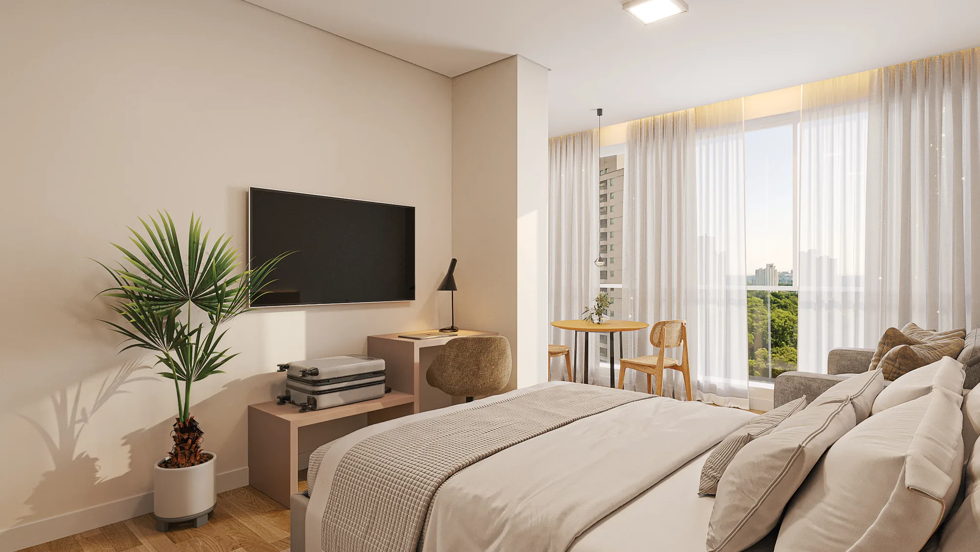 Suíte do ZAYA com cama, estar e janela ampla para a vista