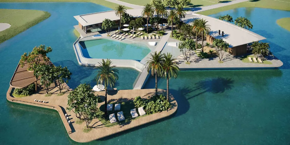 Vista aérea do clube beira-lago do ZEN Concept Resort com piscina e deck sobre o lago em Xangri-Lá