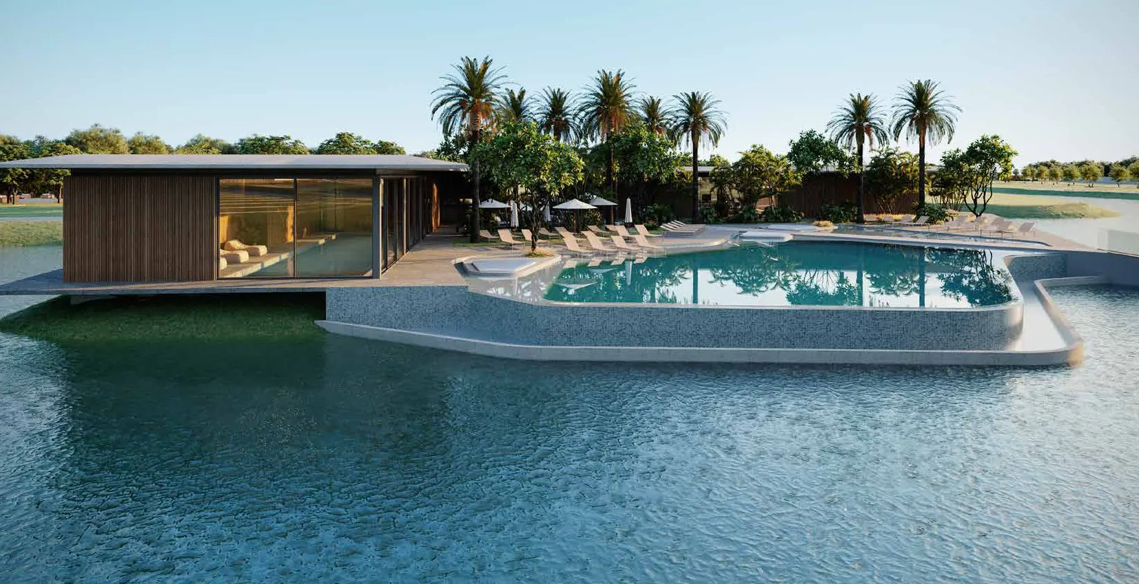 Clube do ZEN Concept Resort em madeira sobre o espelho d'água do lago interno