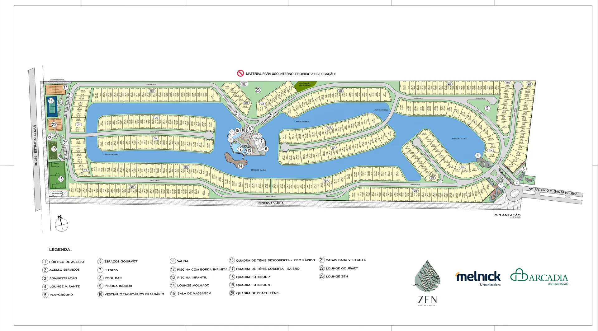 Implantação do ZEN Concept Resort mostrando as 20 quadras e os lagos internos