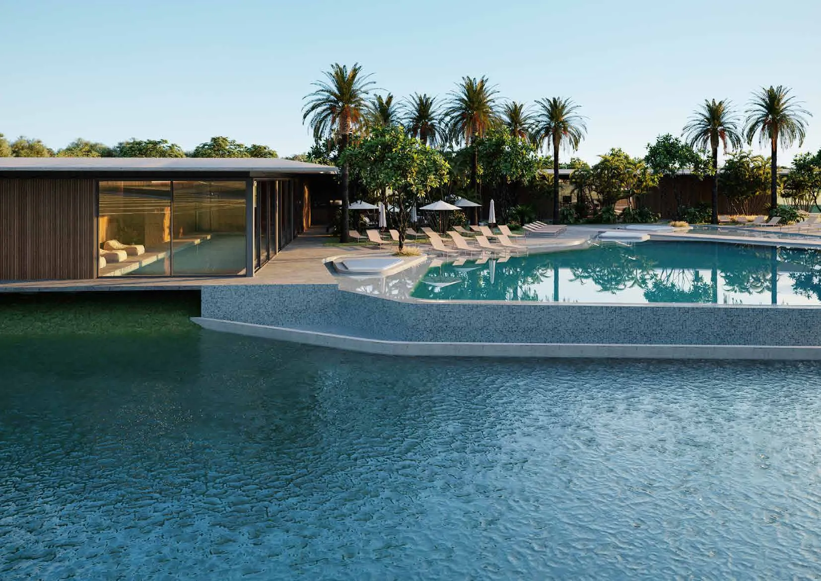 Piscina de borda infinita debruçada sobre o lago no clube do ZEN Concept Resort em Xangri-Lá